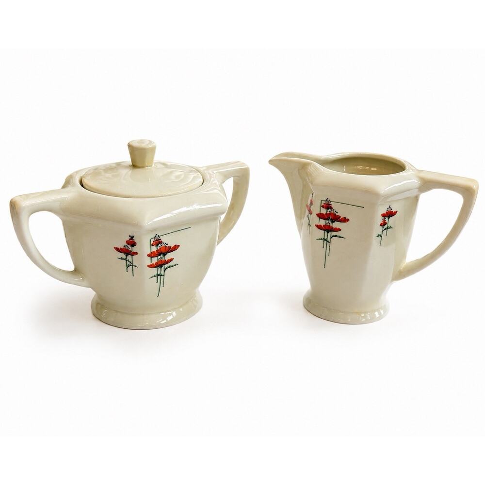 Vintage Royal Rochester Royalite Sugar Bowl and Creamer Set with Poppy Pattern